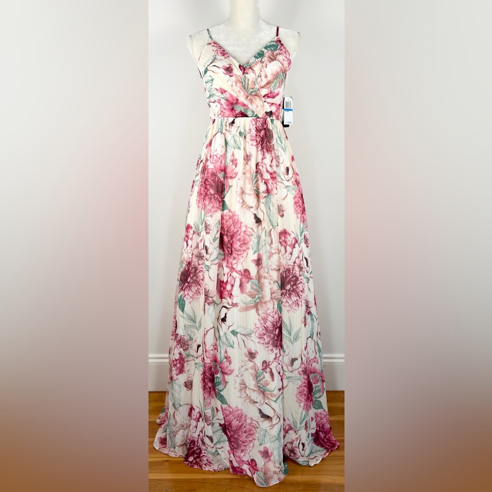 City Studios Floral Maxi Gown Ivory Magenta Coquette Romantic Prom Dress Size 9